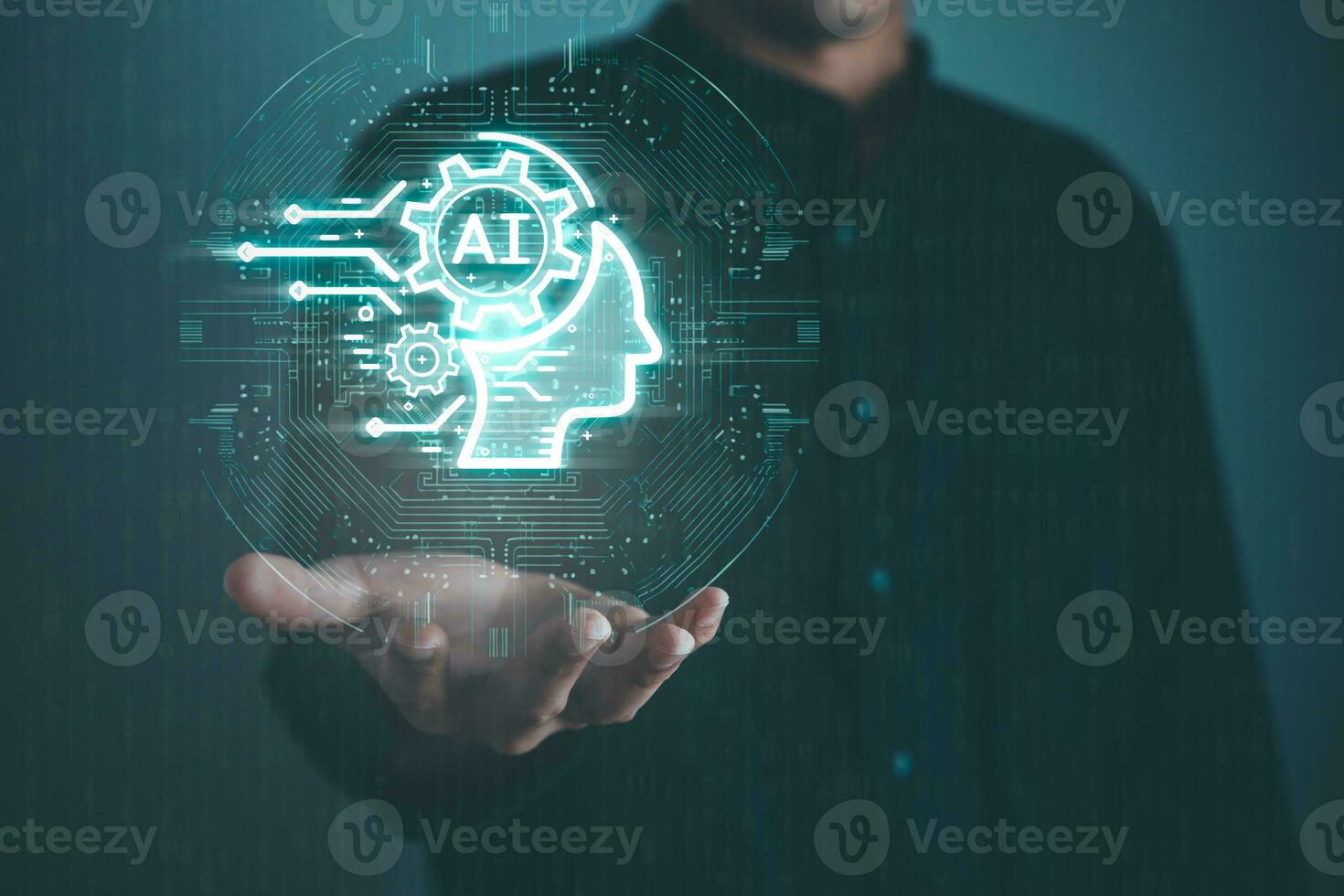 Digital information technology concept. Businessman touching AI artificial intelligence screen. photo