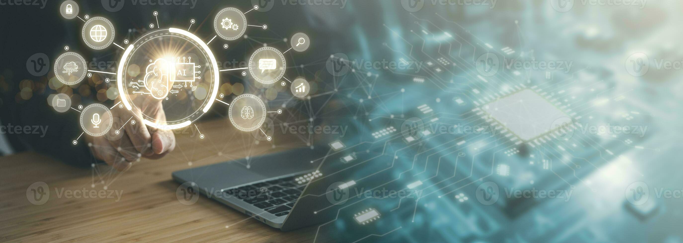 Digital information technology concept. Businessman and artificial intelligence icon on the screen. Chatbot and AI concept. photo