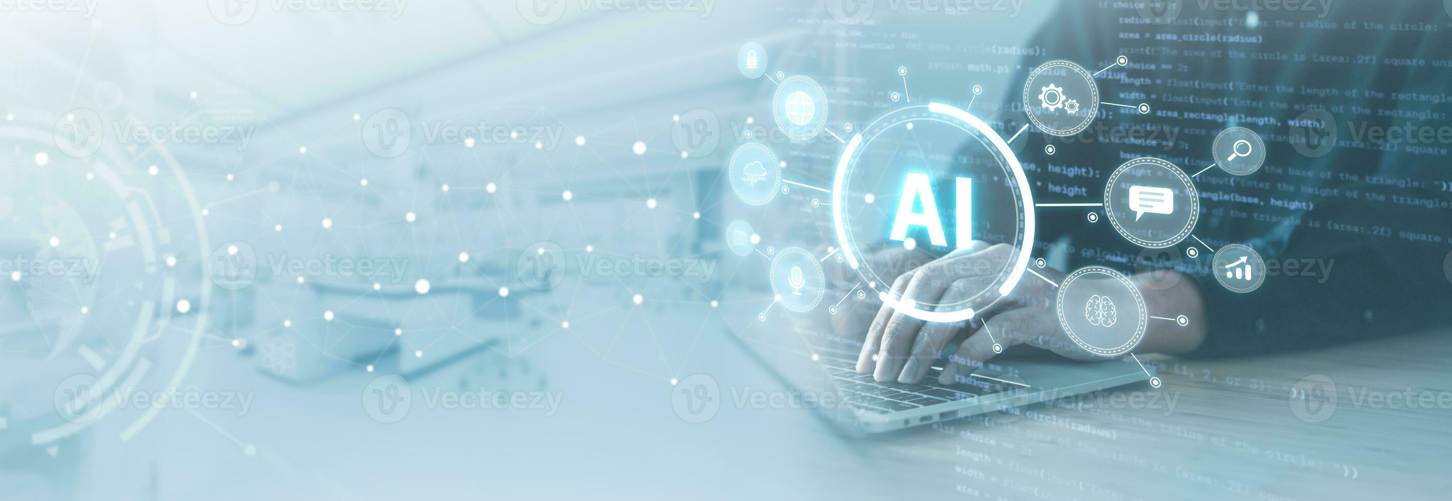 Digital information technology concept. Businessman and artificial intelligence icon on the screen. Chatbot and AI concept. photo