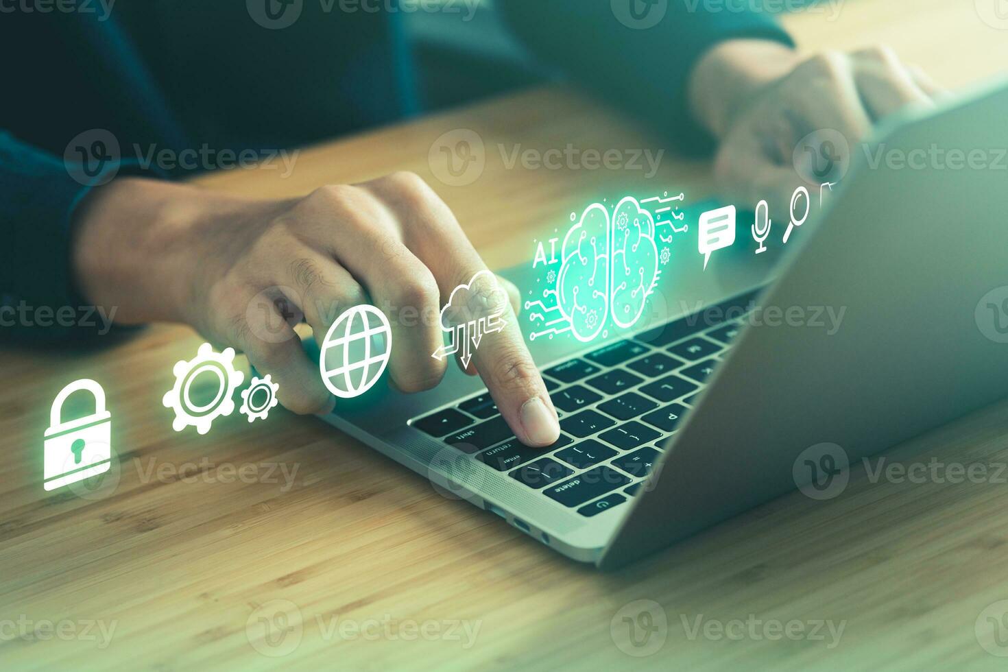 Digital information technology concept. Businessman and artificial intelligence icon on the screen. Chatbot and AI concept. photo