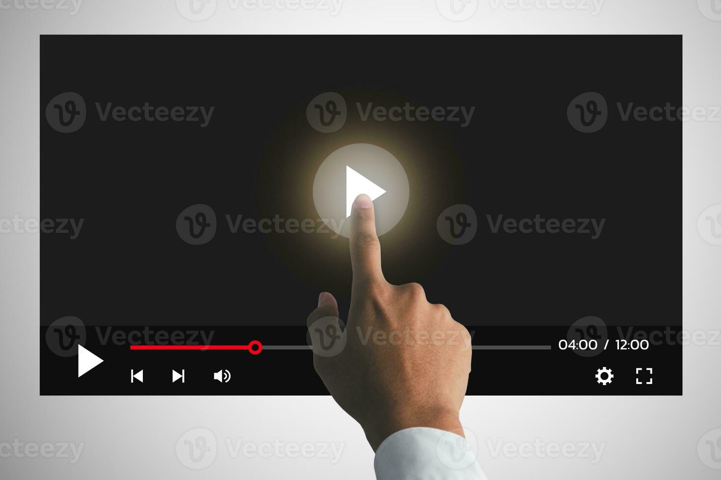 the man touching play icon on video online. video content creator concept. photo