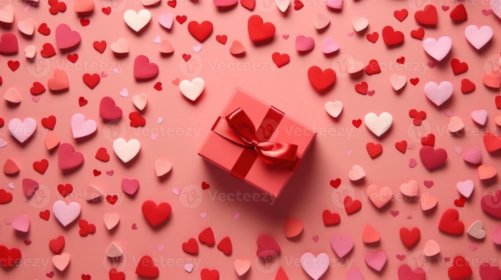 Valentine's Day red background with red hearts and pink hearts paper with gift box top view lay flat. photo