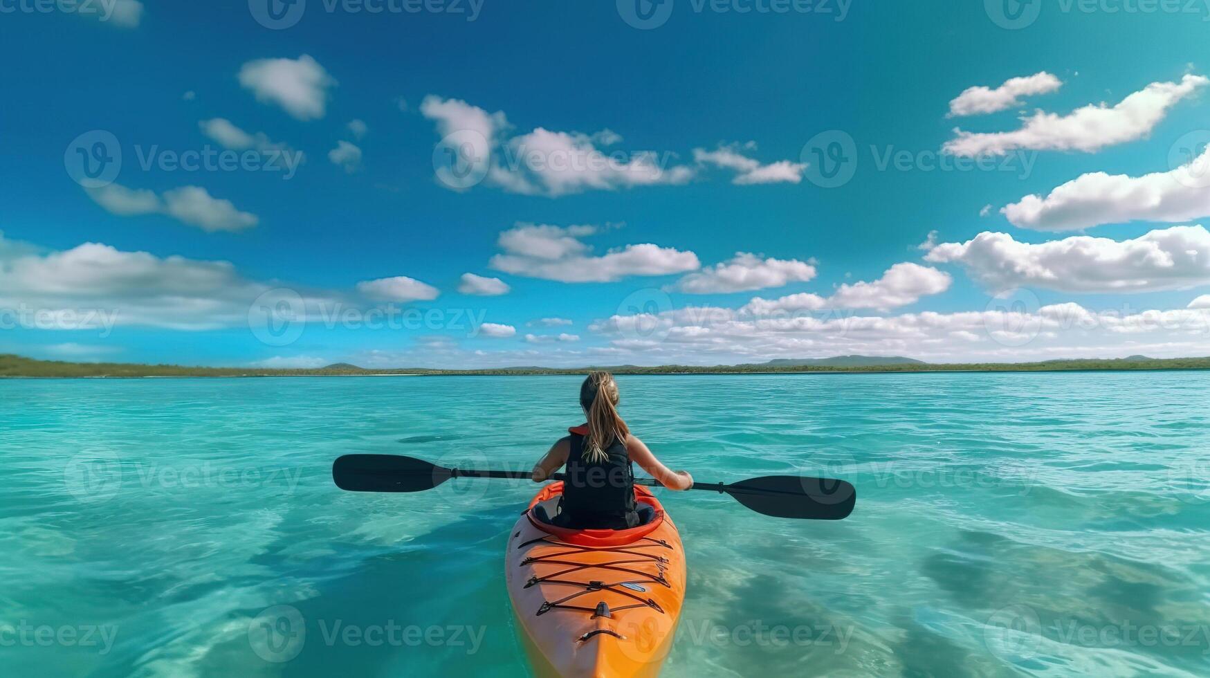 posterior ver de dama remar el kayac en el calma tropical bahía claro azul cielo. generativo ai foto