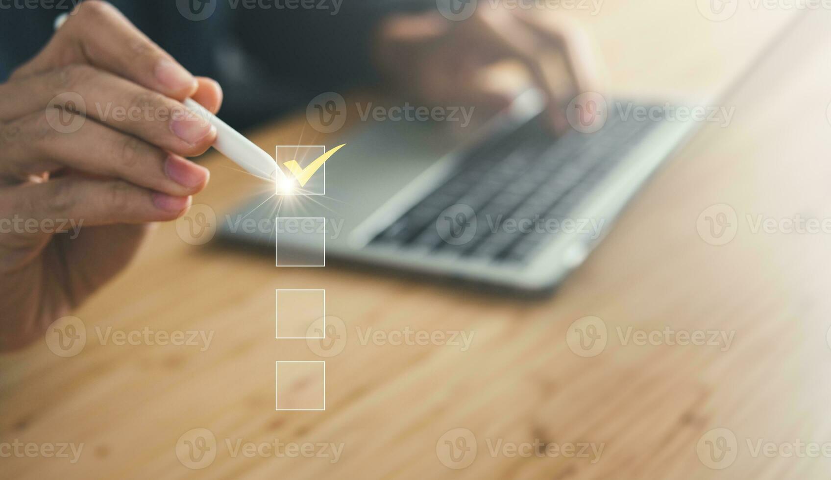 Businessman checking mark the check box. questionnaire and business concept. photo
