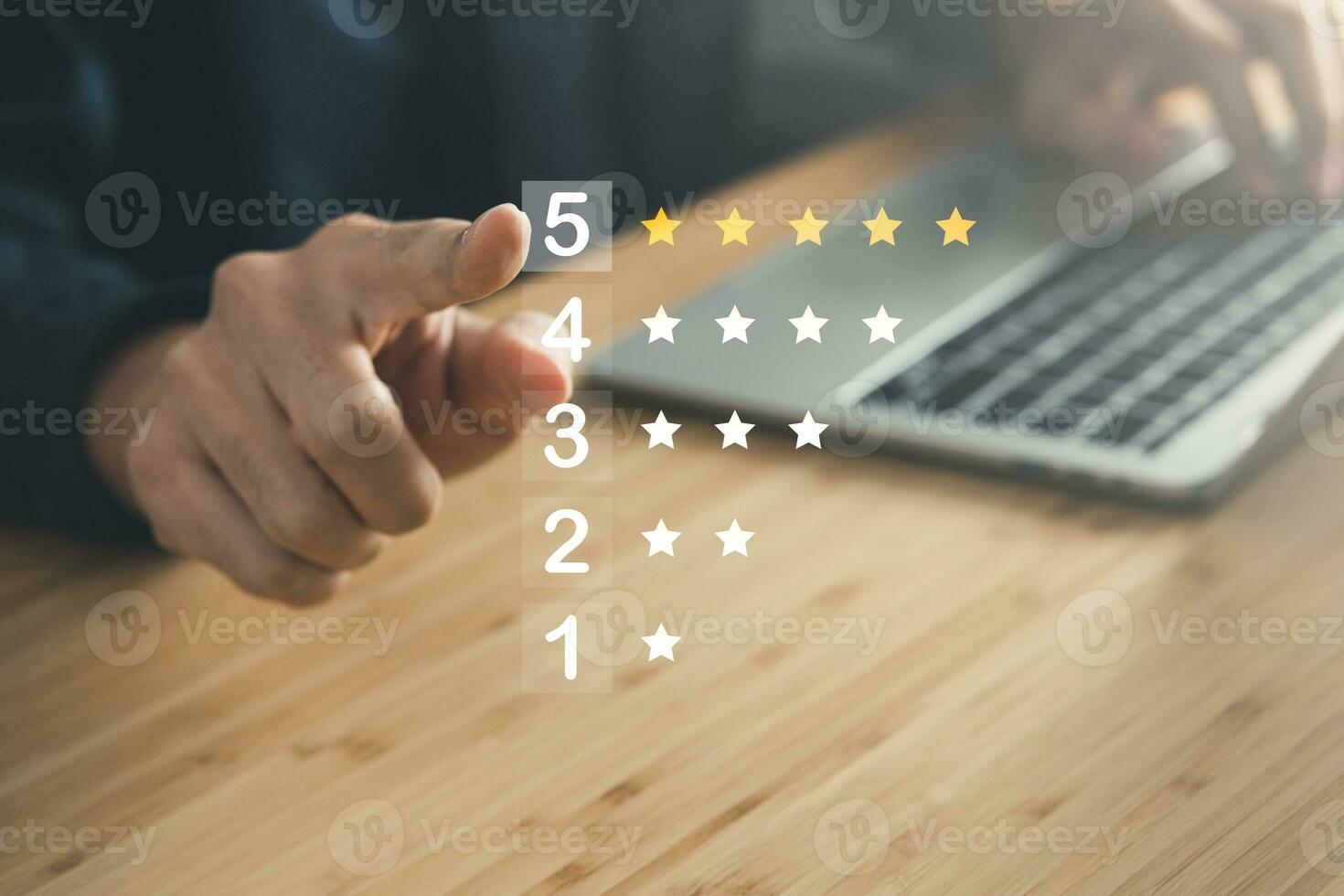 Business man point five stars survey rating icon for customer satisfaction scores. customer satisfaction concept. photo