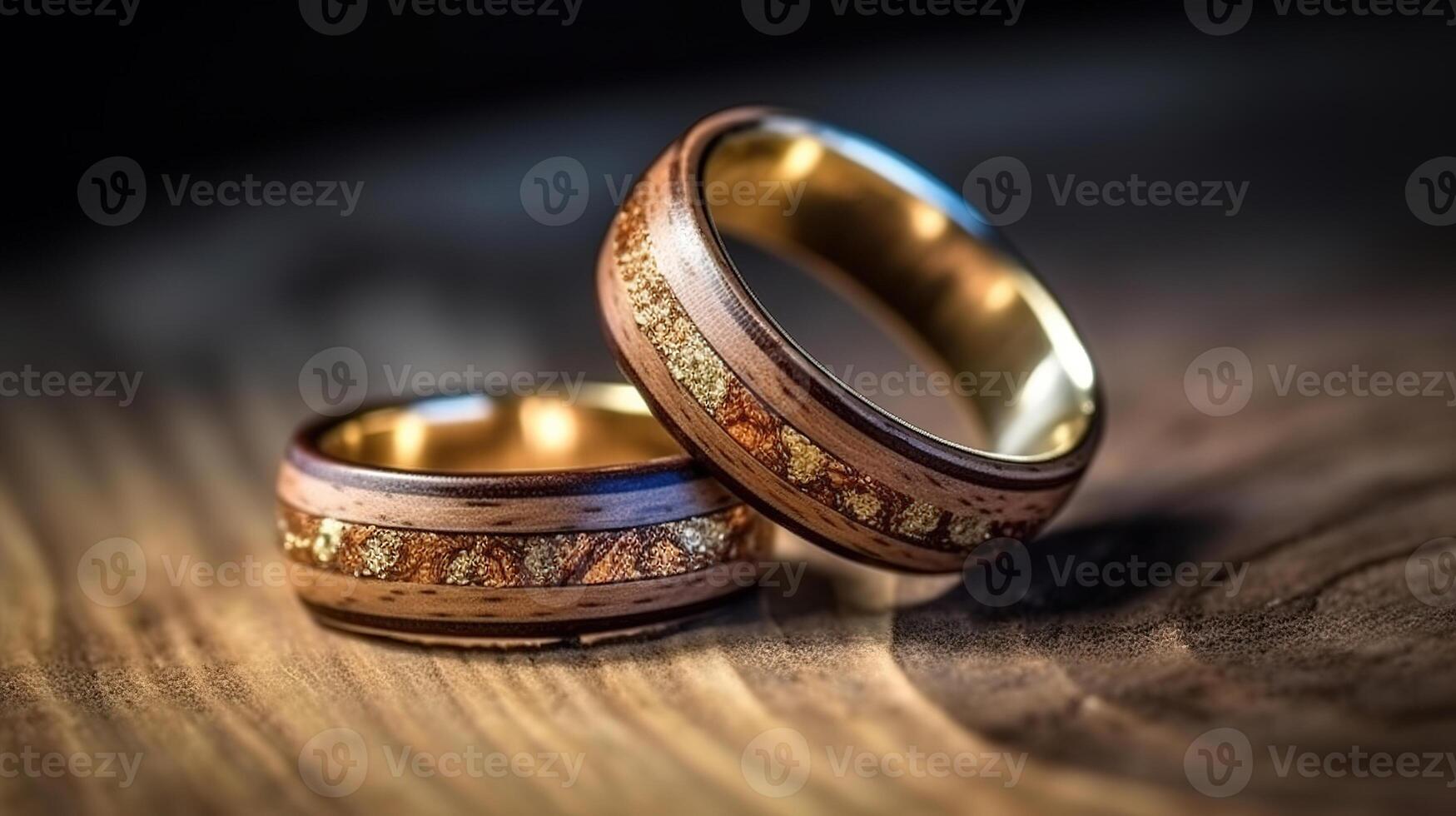 Pair wedding rings on wood with small flowers. photo