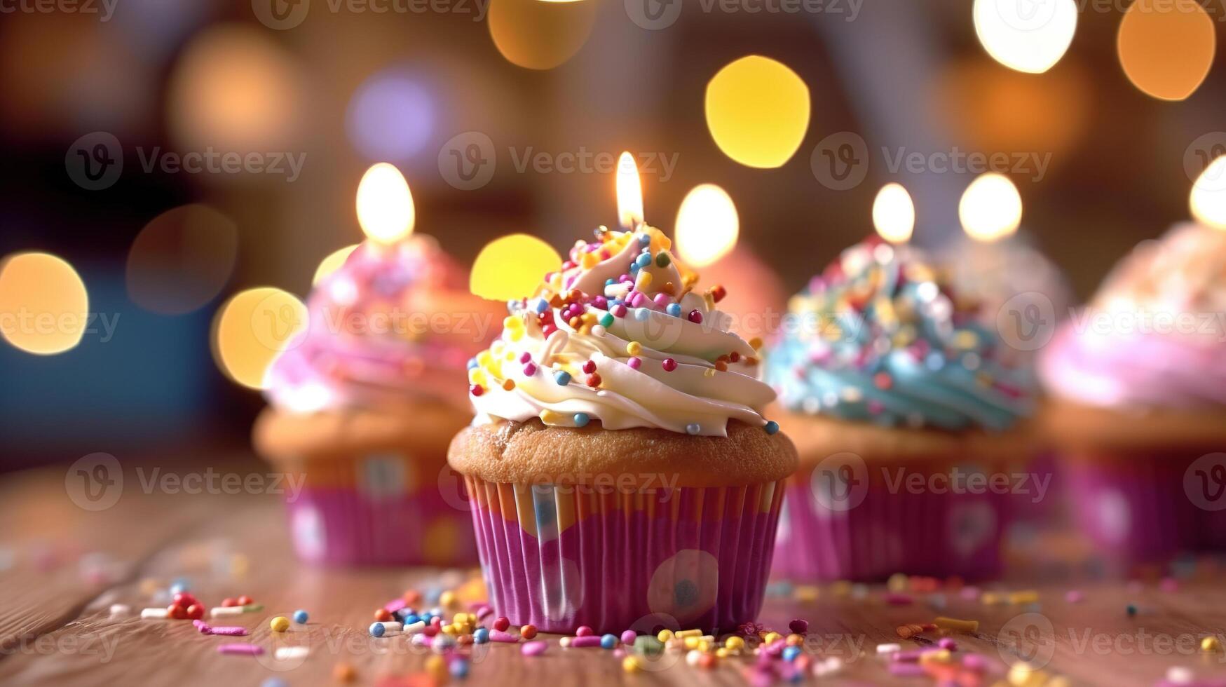 birthday cupcakes with blur background colorful balloons. photo