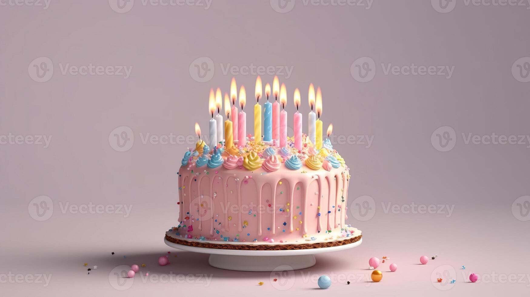 Birthday cake decorated with colorful sprinkles and ten candles on light pink background with space copy text or logo. photo