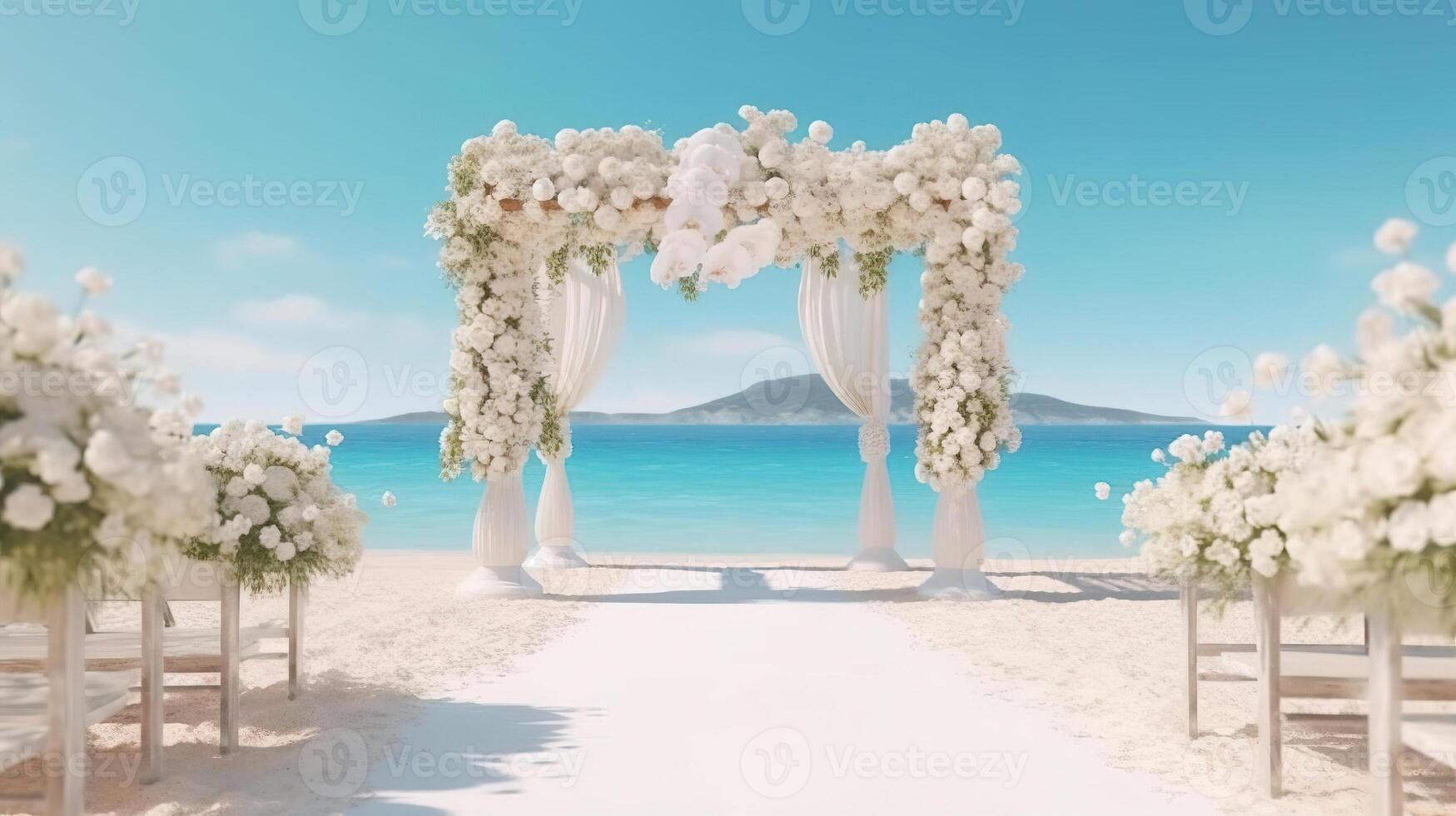 Decorated luxury wedding ceremony place at the beach white sand beautiful sea and sky with White empty chairs and arch decorated with flowers. photo