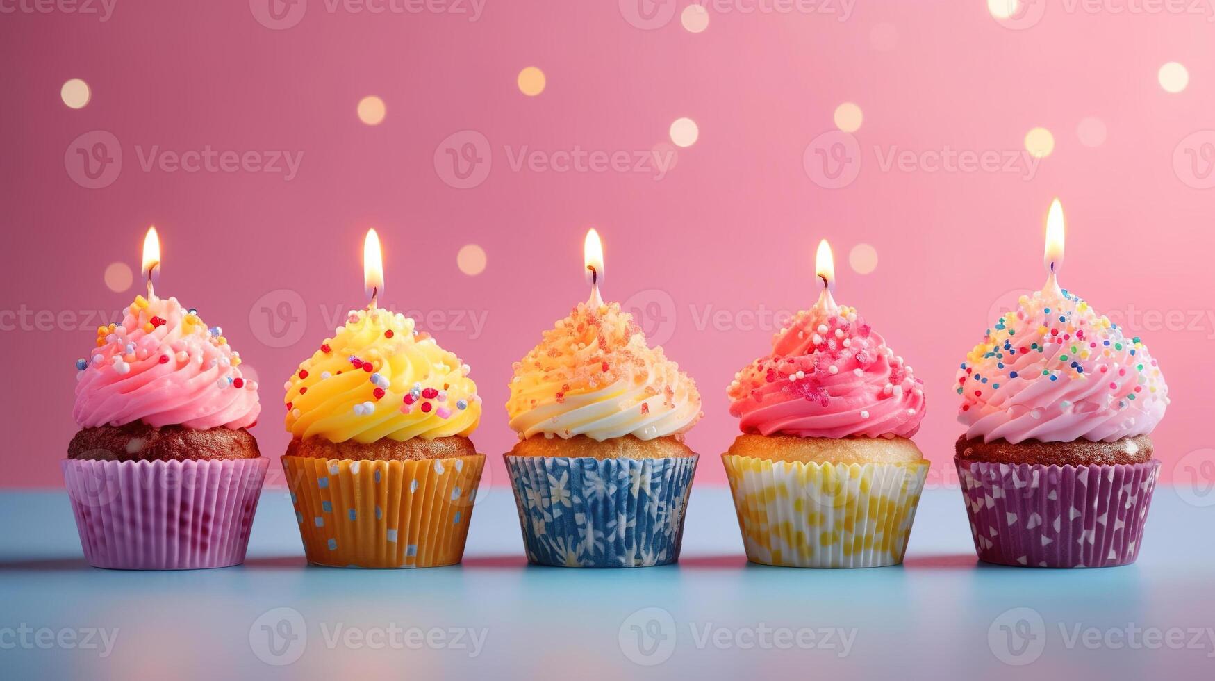 Row of colorful birthday cupcakes with candle of each, on light pink background. photo