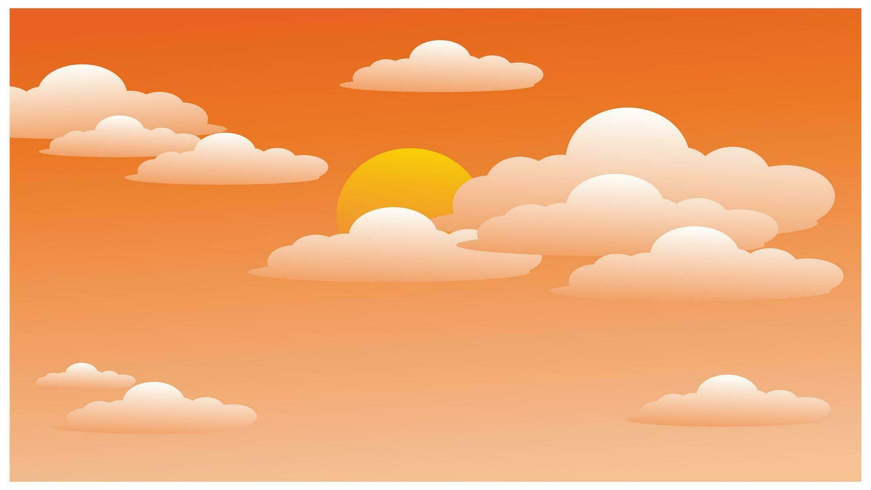 Sunset and clouds on orange background. Vector illustration for your design. Beautiful evening sky background, decorated with sunlight that will set and covered by clouds