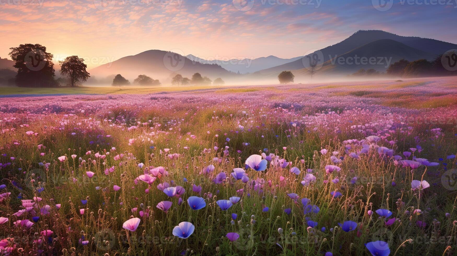 Beautiful colorful flower cosmos fields with blur mountain background. photo