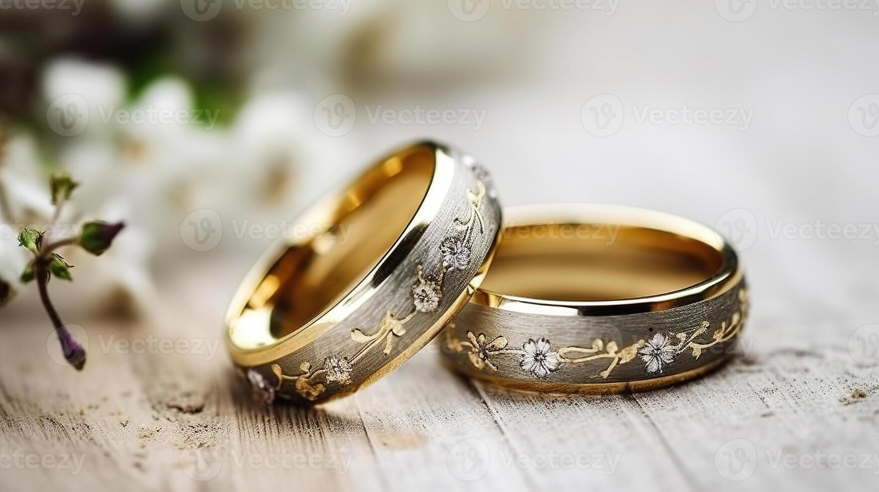 par Boda anillos en madera con pequeño flores generativo ai foto