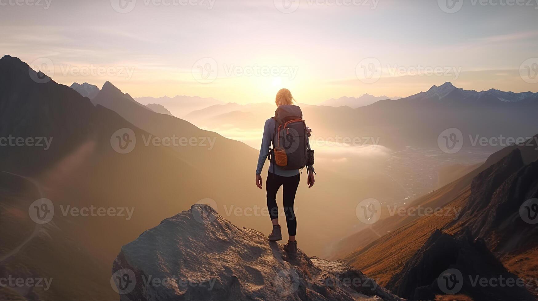 Success woman hiker hiking on sunrise mountain peak. photo