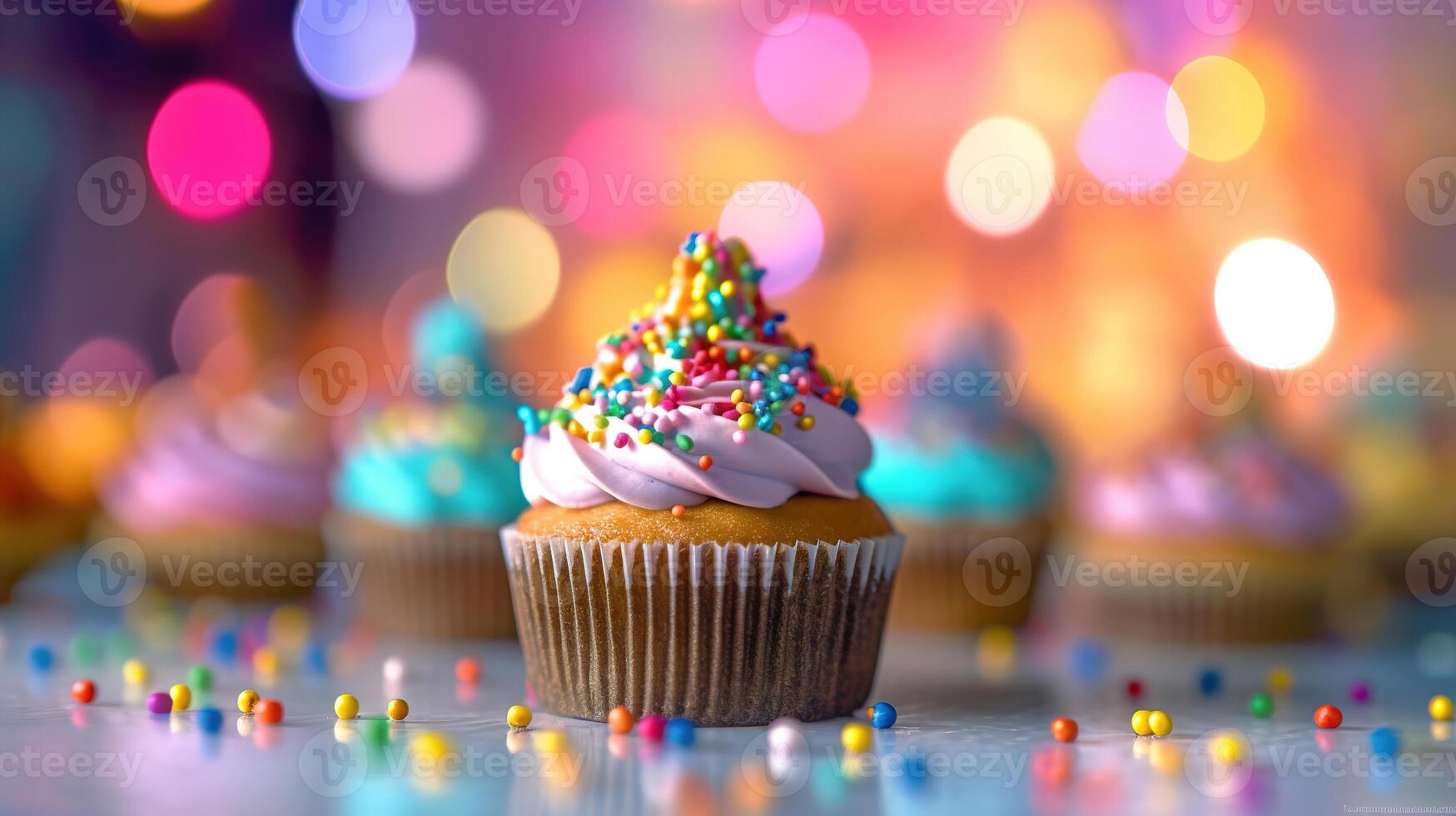 birthday cupcakes with blur background colorful balloons. photo