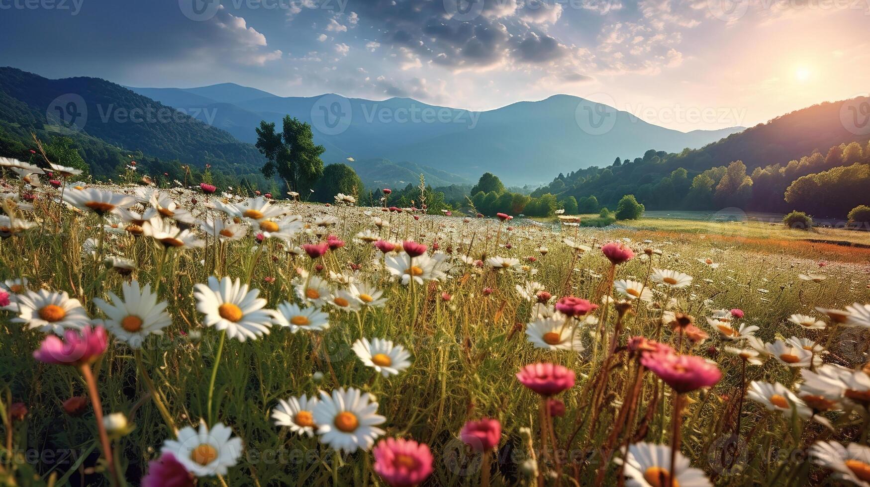 Beautiful colorful flower cosmos fields with blur mountain background. photo