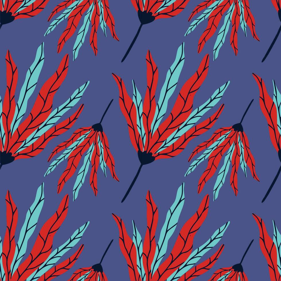 red leaf vector seamless pattern on blue background