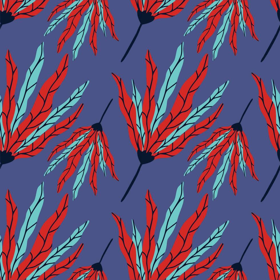 red leaf vector seamless pattern on blue background