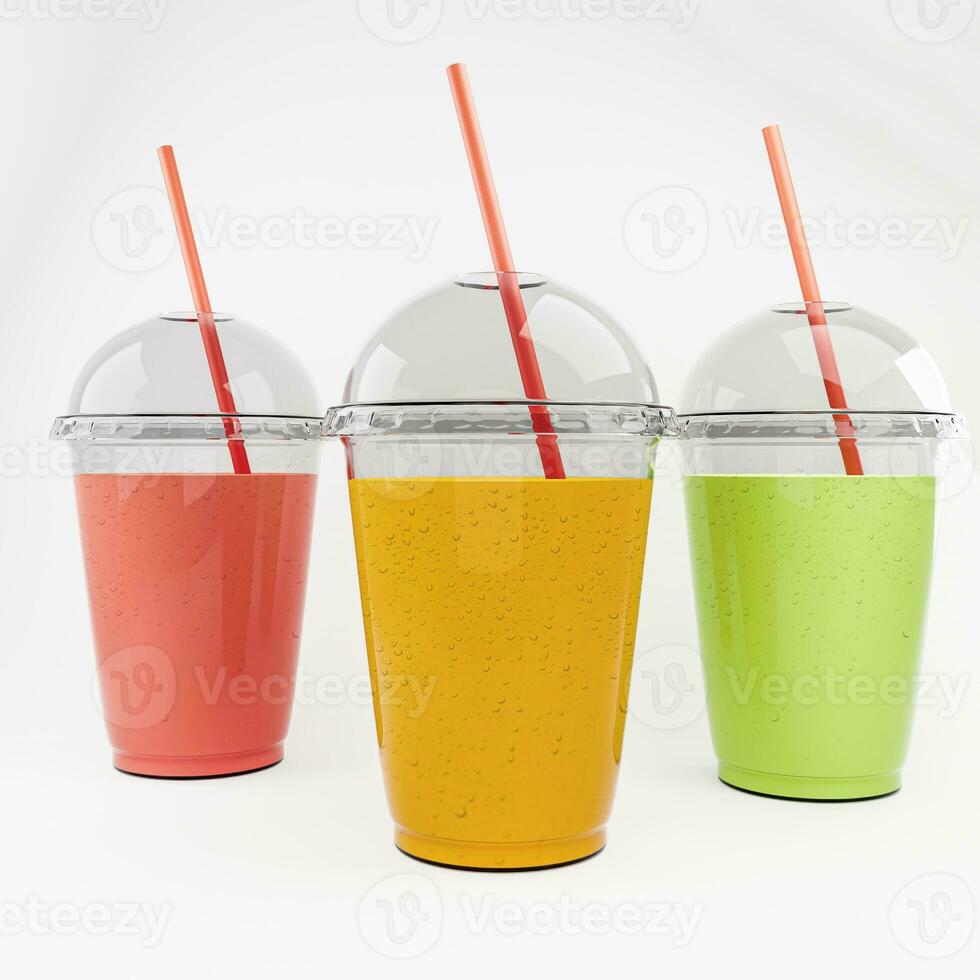 Transparent plastic cup with fresh juice isolated on white background photo