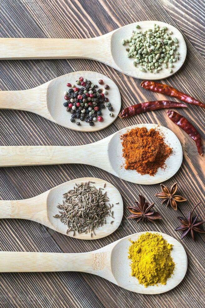 Assortment of spices on the wooden spoons photo