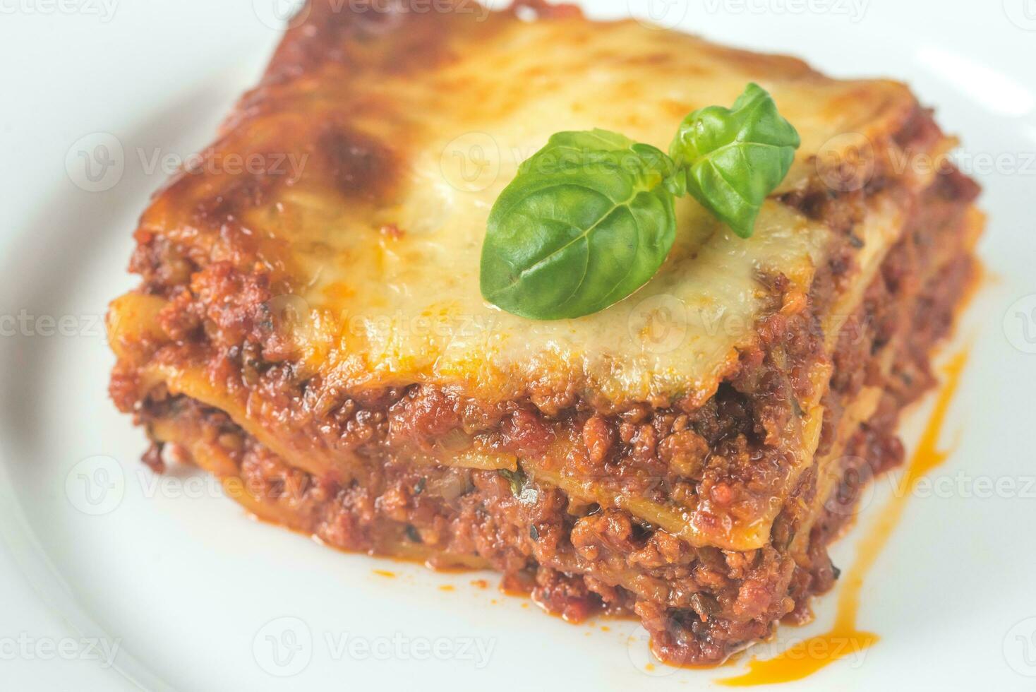 Portion of lasagne on the wooden table photo