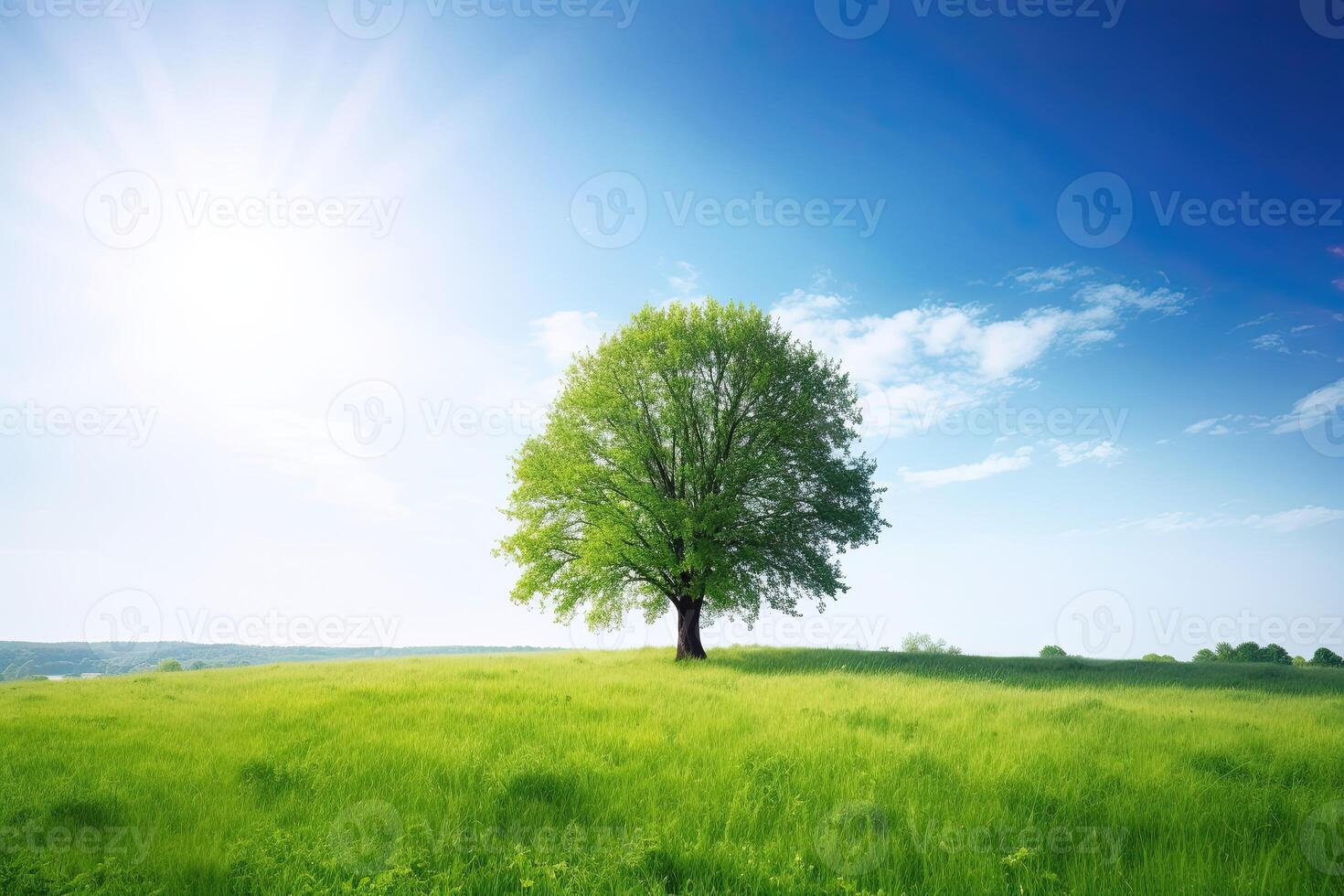 Majestic tree in the middle of a lush meadow with a clear blue sky above. Watercolor Painting photo