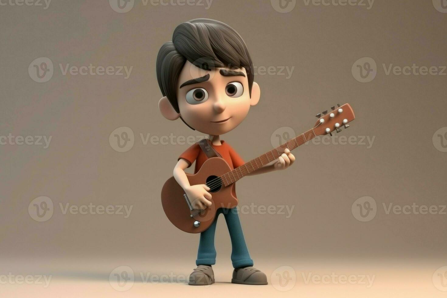 AI Generated 3D cartoon cute musician kid play guitar. photo
