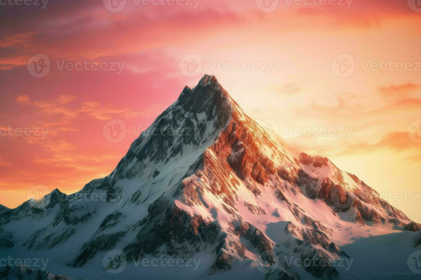 AI Generated Snow-covered mountain peak, stretching upwards towards the sky and bathed in the warm glow of a sunrise. photo