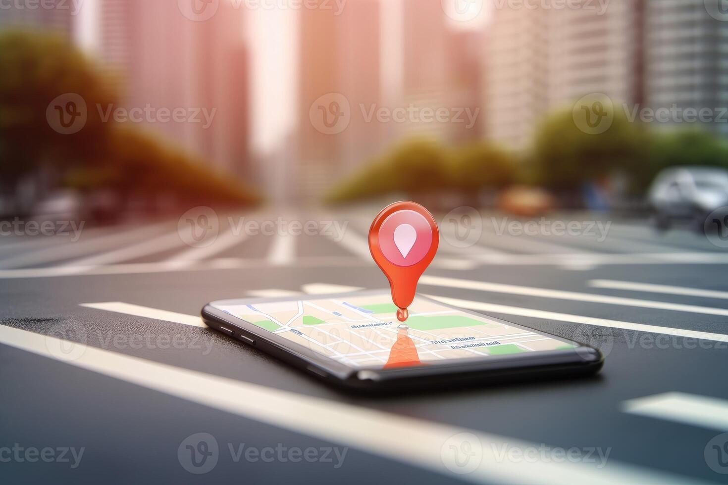 ai generado 3d rojo punto en teléfono inteligente con GPS navegador icono y mapa en difuminar tráfico la carretera en el Mañana. foto