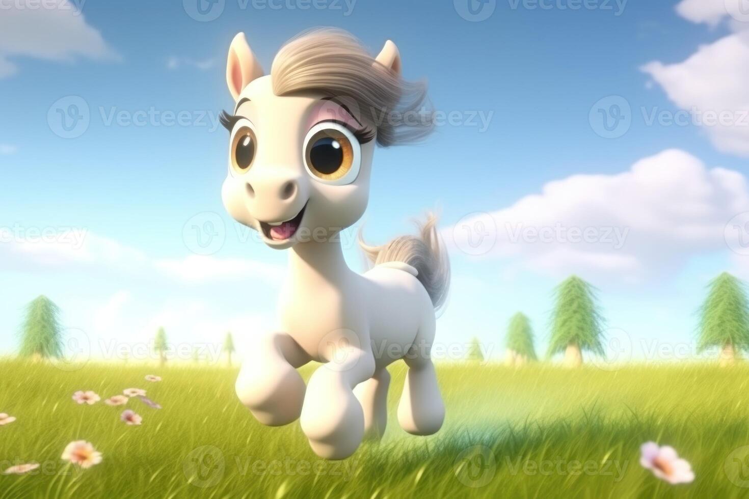 3D cute cartoon majestic little horse is galloping across a wide-open field, free and wild. photo