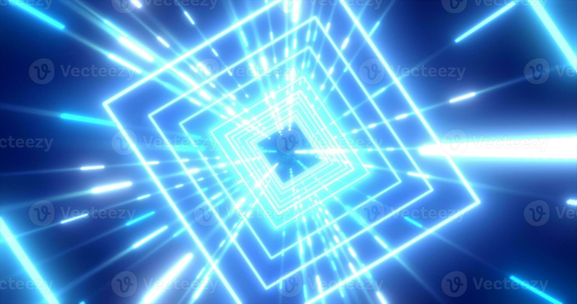 Abstract blue energy futuristic hi-tech square tunnel of flying lines neon magic glowing background photo