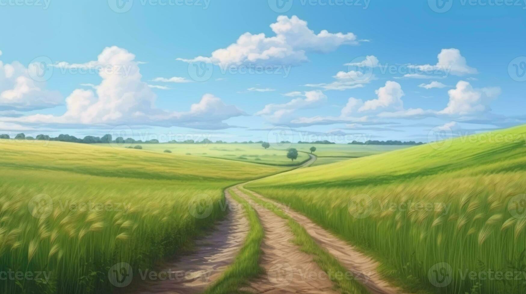 Rustic dirt scenic road with green grass and skyline with blue sky. AI generated photo