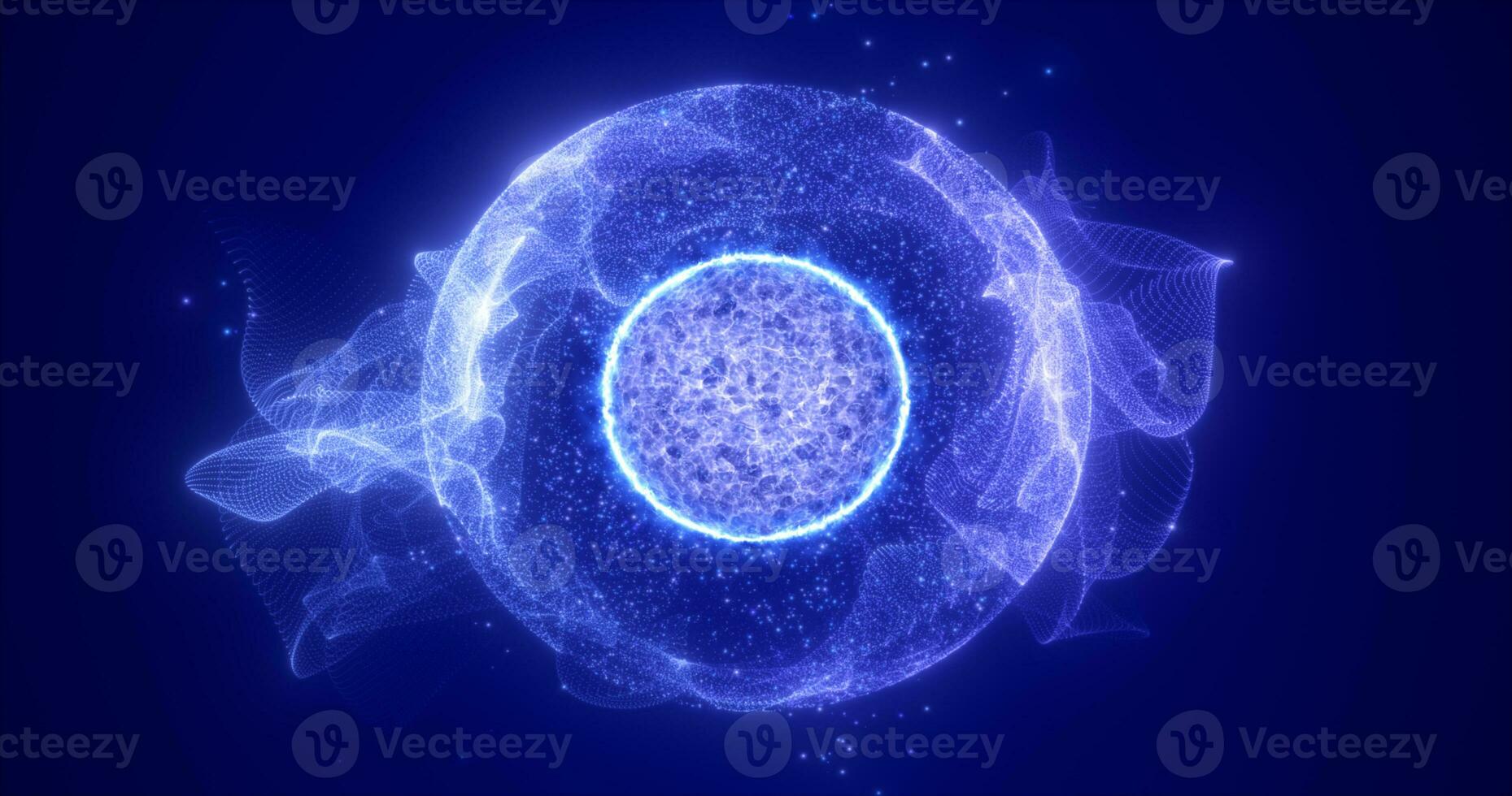 Abstract blue round sphere energy molecule from futuristic high-tech glowing particles photo