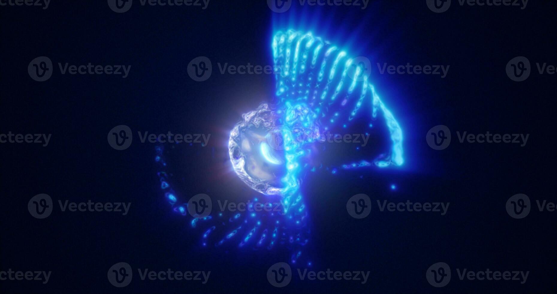 Abstract energy sphere with flying glowing bright blue particles, science futuristic atom with electrons hi-tech background photo