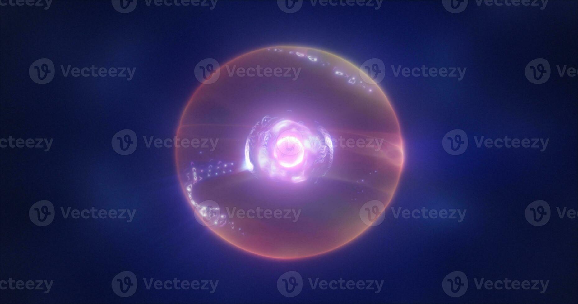 Abstract purple energy sphere with flying glowing bright particles, science futuristic atom with electrons hi-tech background photo