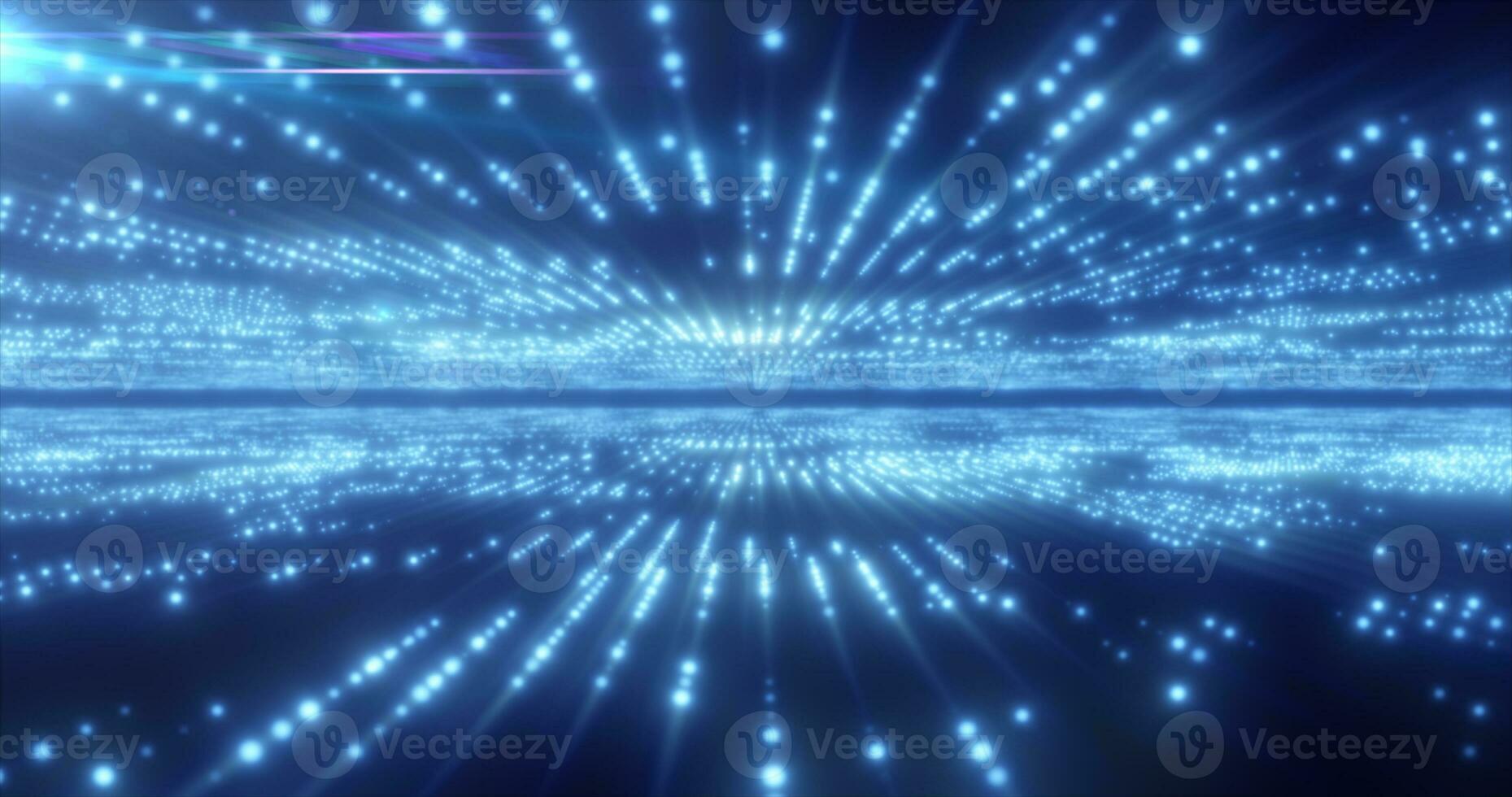 Abstract blue energy hi-tech lines and digital particles fly in a tunnel with bokeh effect glowing background photo
