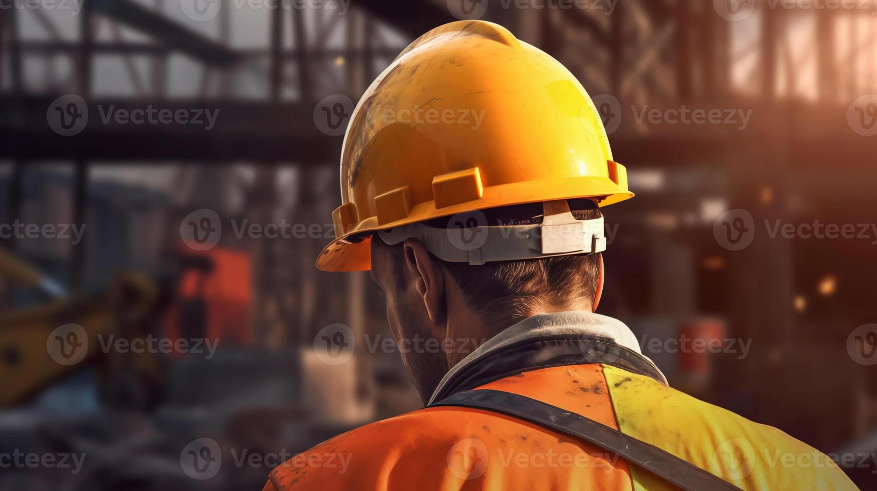 A working man in a protective construction helmet. An engineer at a construction site controls the process of industrial construction. AI generated photo