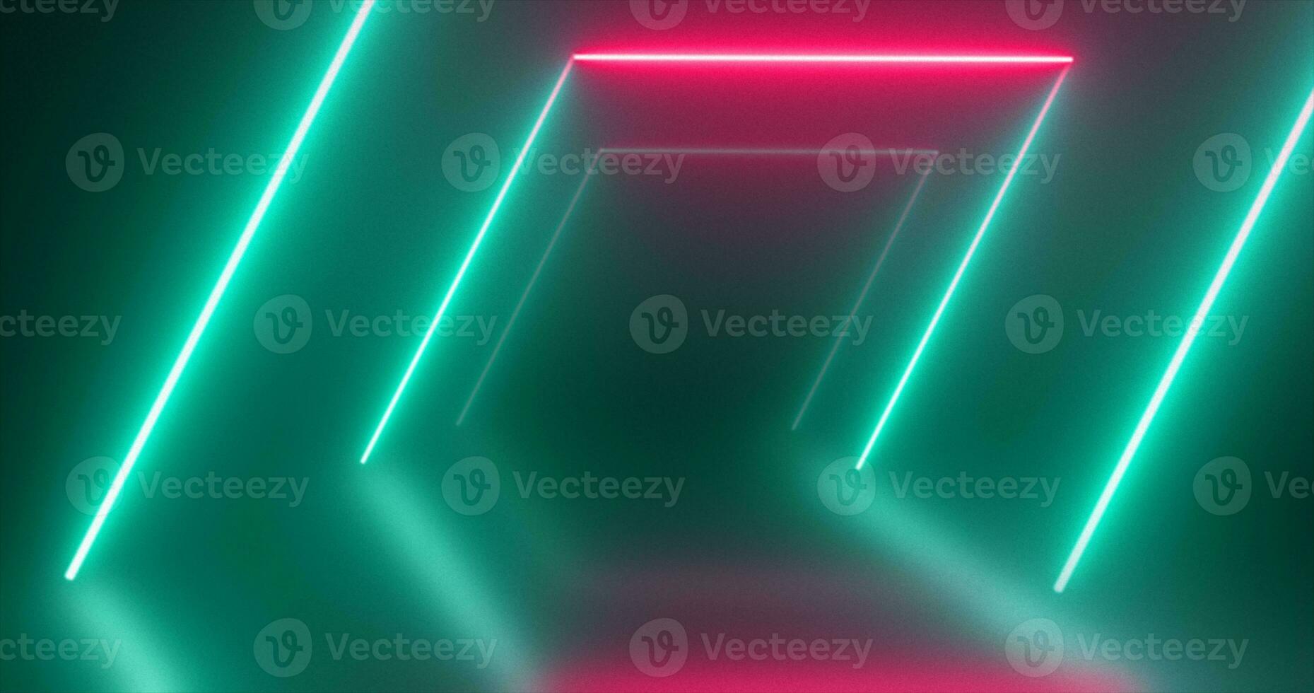 Abstract square tunnel neon green and red energy glowing from lines background photo