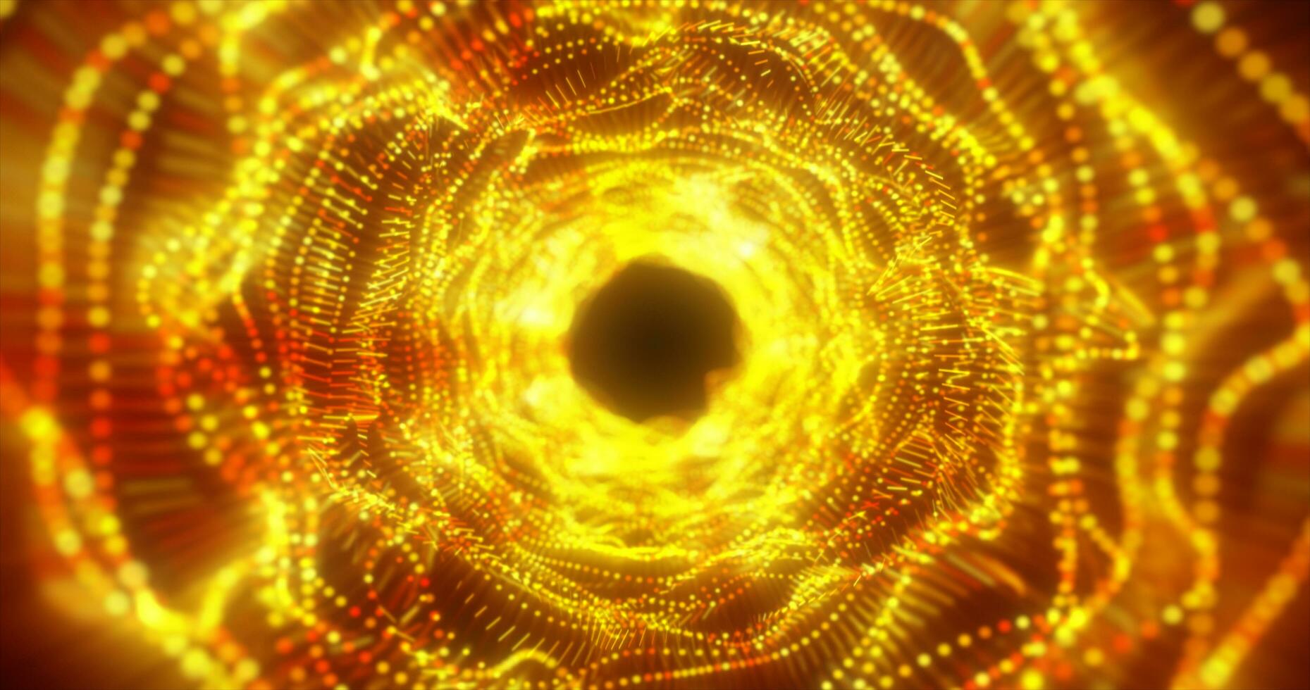 Abstract yellow energy tunnel made of particles and a grid of high-tech lines with a glowing background effect photo