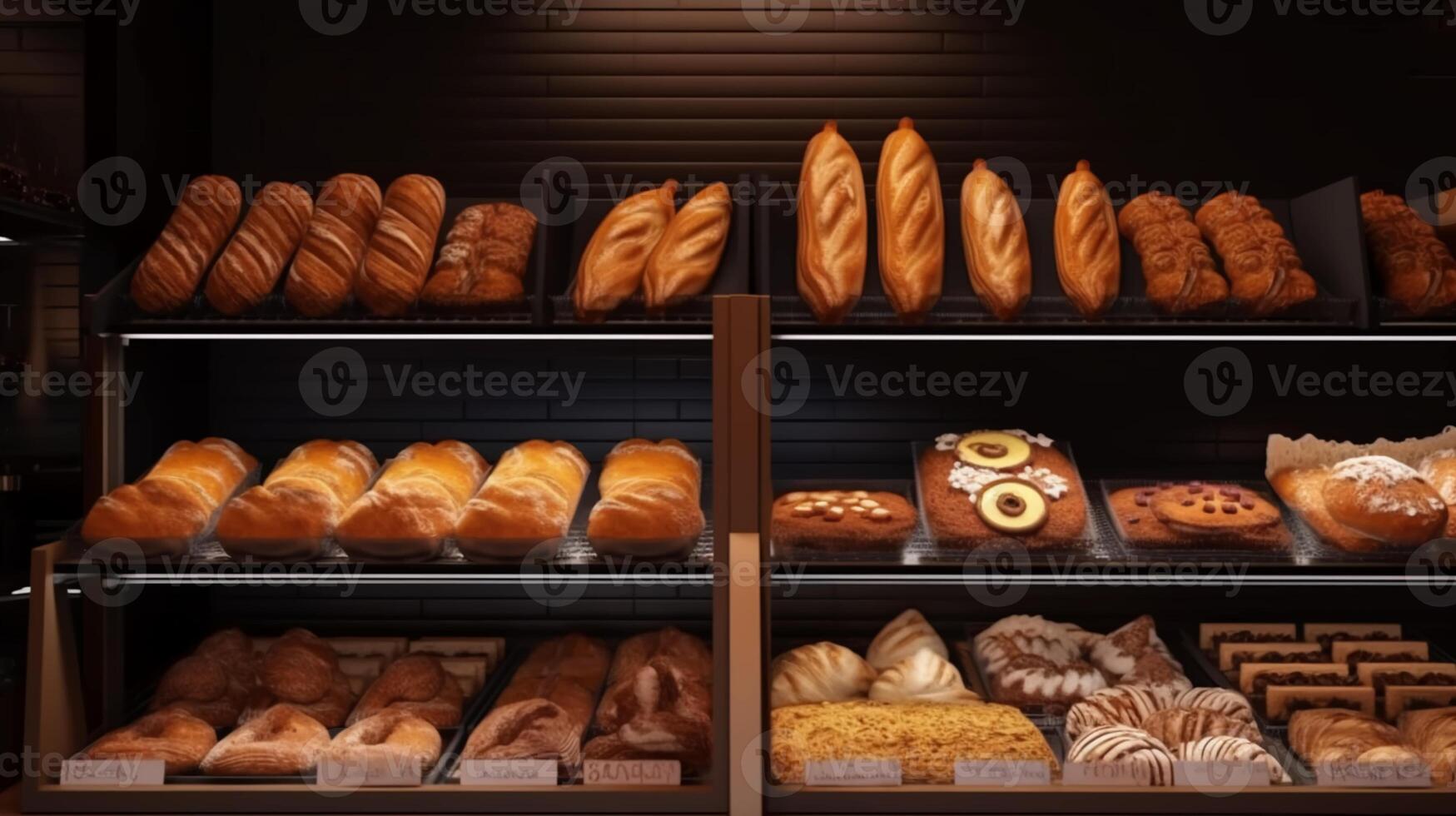 Bakery showcase with delicious fresh pastries, buns, bread, long loaf and cakes. Perarni or coffee shop counter with appetizing goods laid out. photo