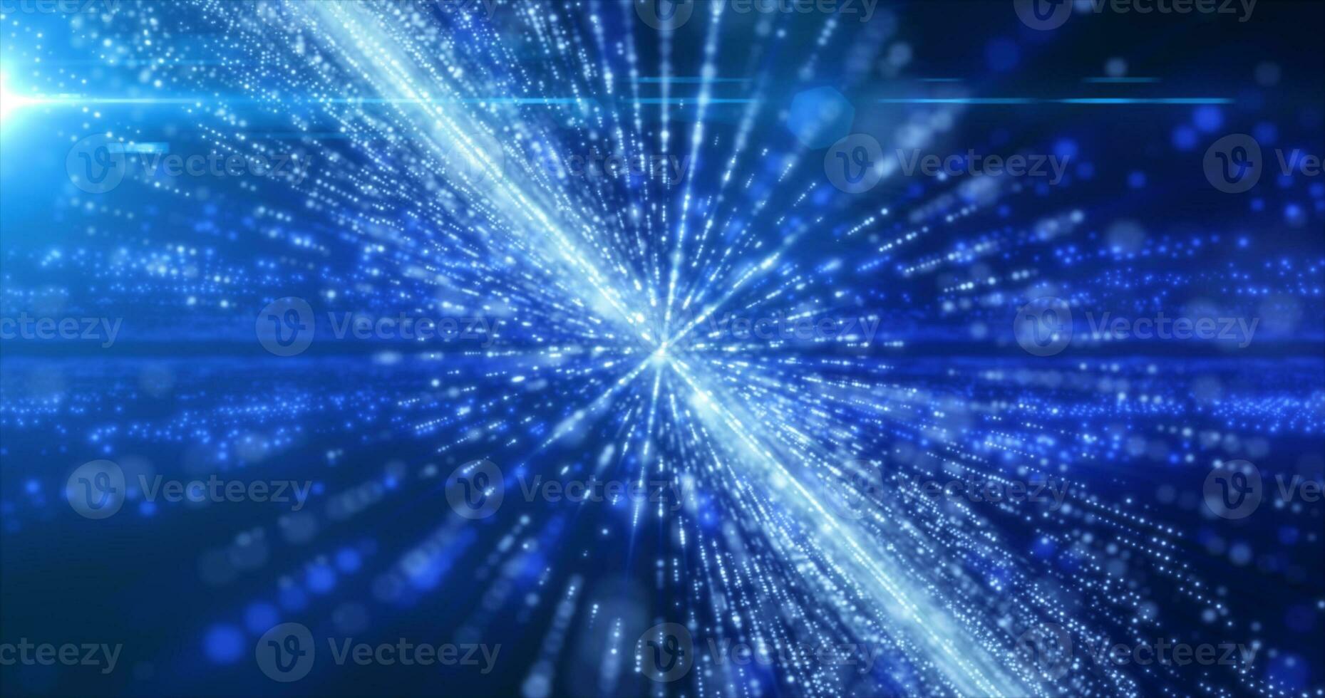 Abstract blue energy hi-tech lines and digital particles fly in a tunnel with bokeh effect glowing background photo