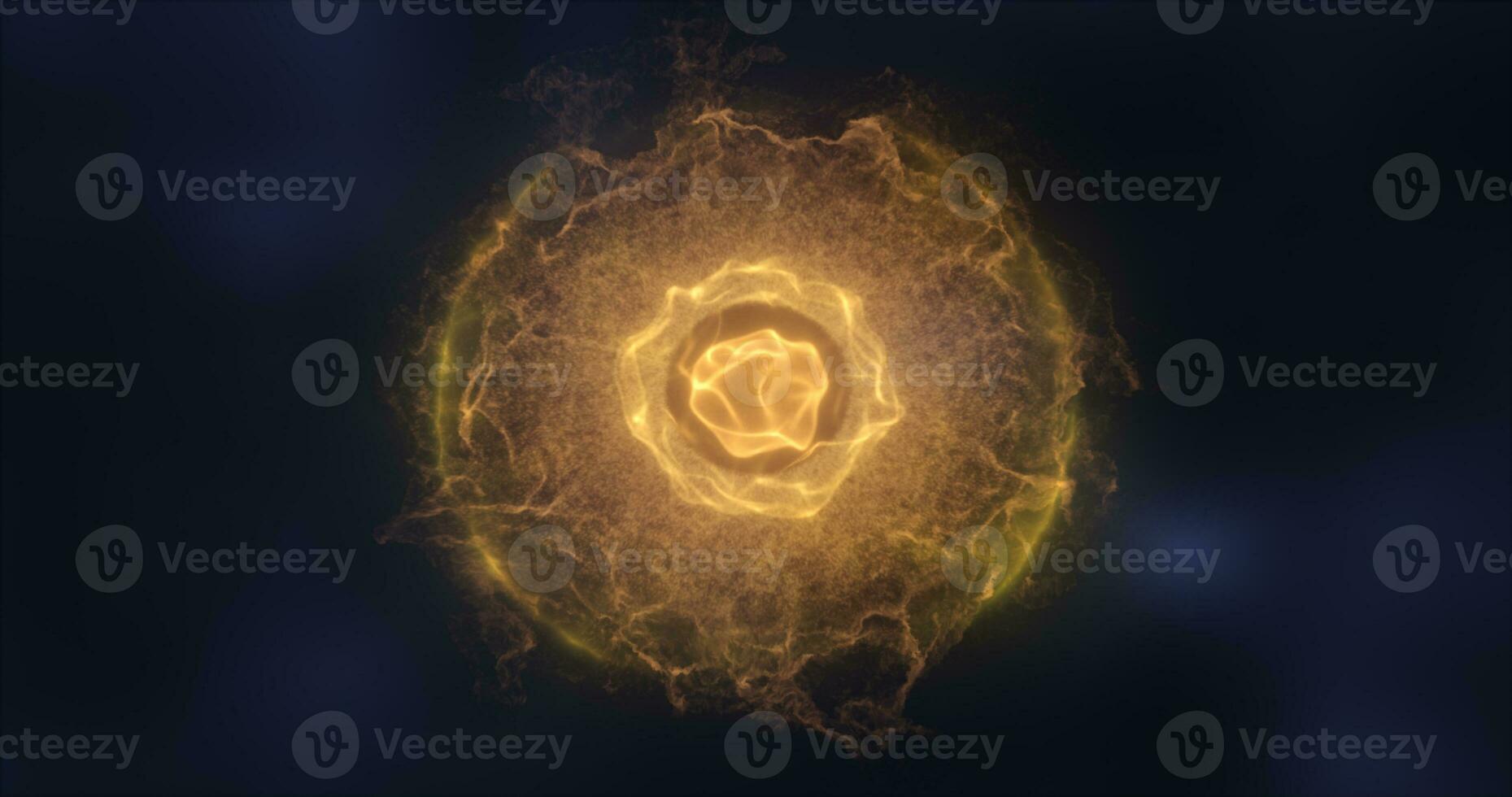 resumen esfera átomo con electrones volador brillante amarillo brillante partículas y energía magia campo, Ciencias futurista de alta tecnología antecedentes foto