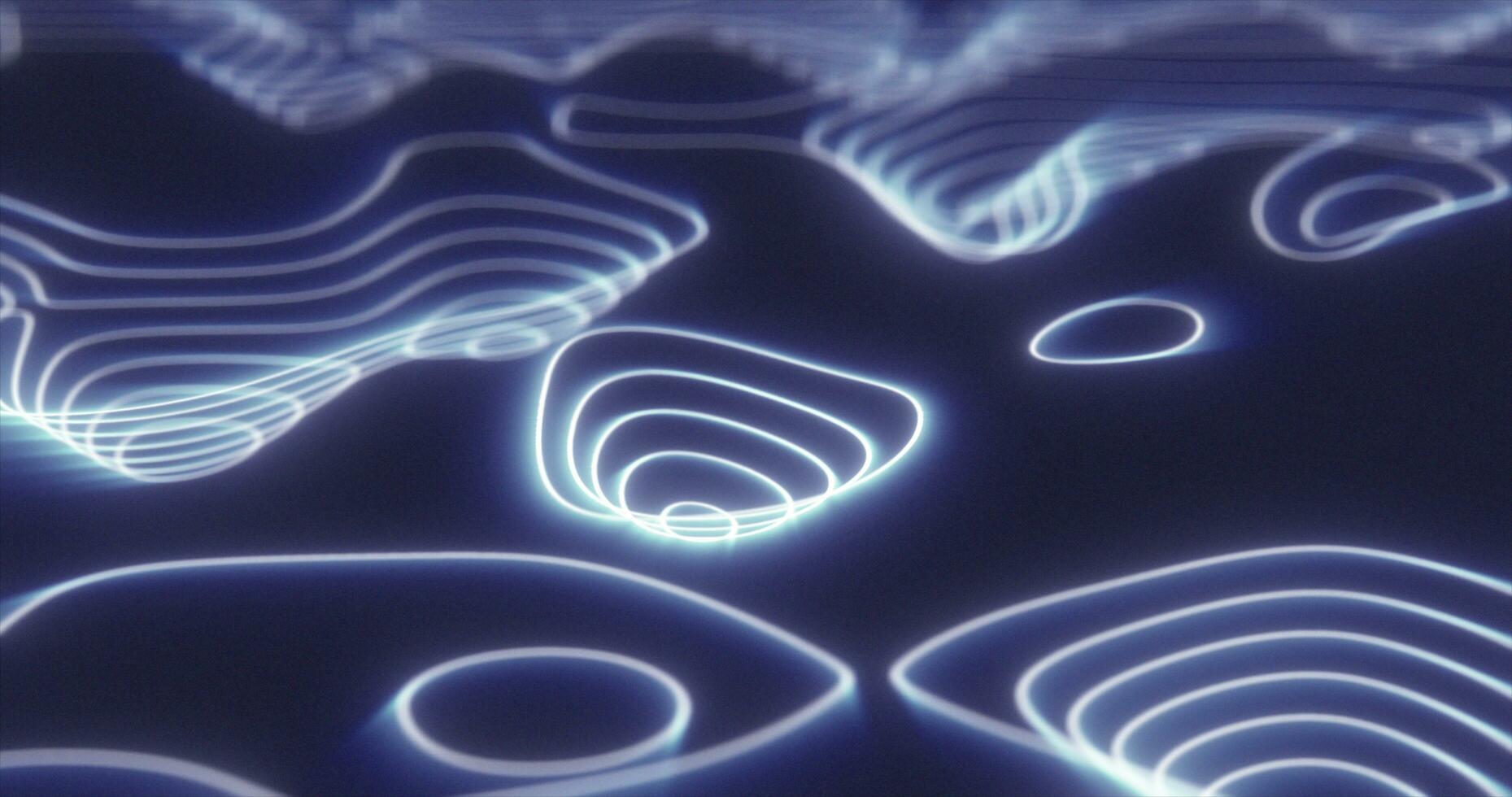 Abstract blue futuristic hi-tech landscape with mountains and canyons from glowing energy circles and magic lines background photo