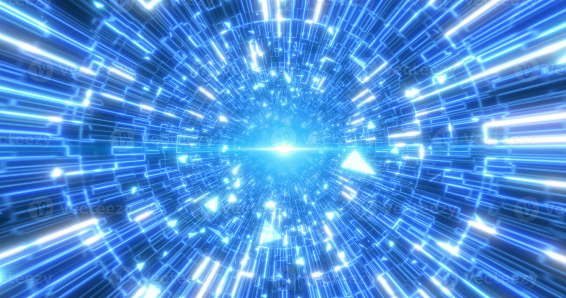 Abstract blue glowing neon laser tunnel futuristic hi-tech with energy lines and flying shards of particles, abstract background photo