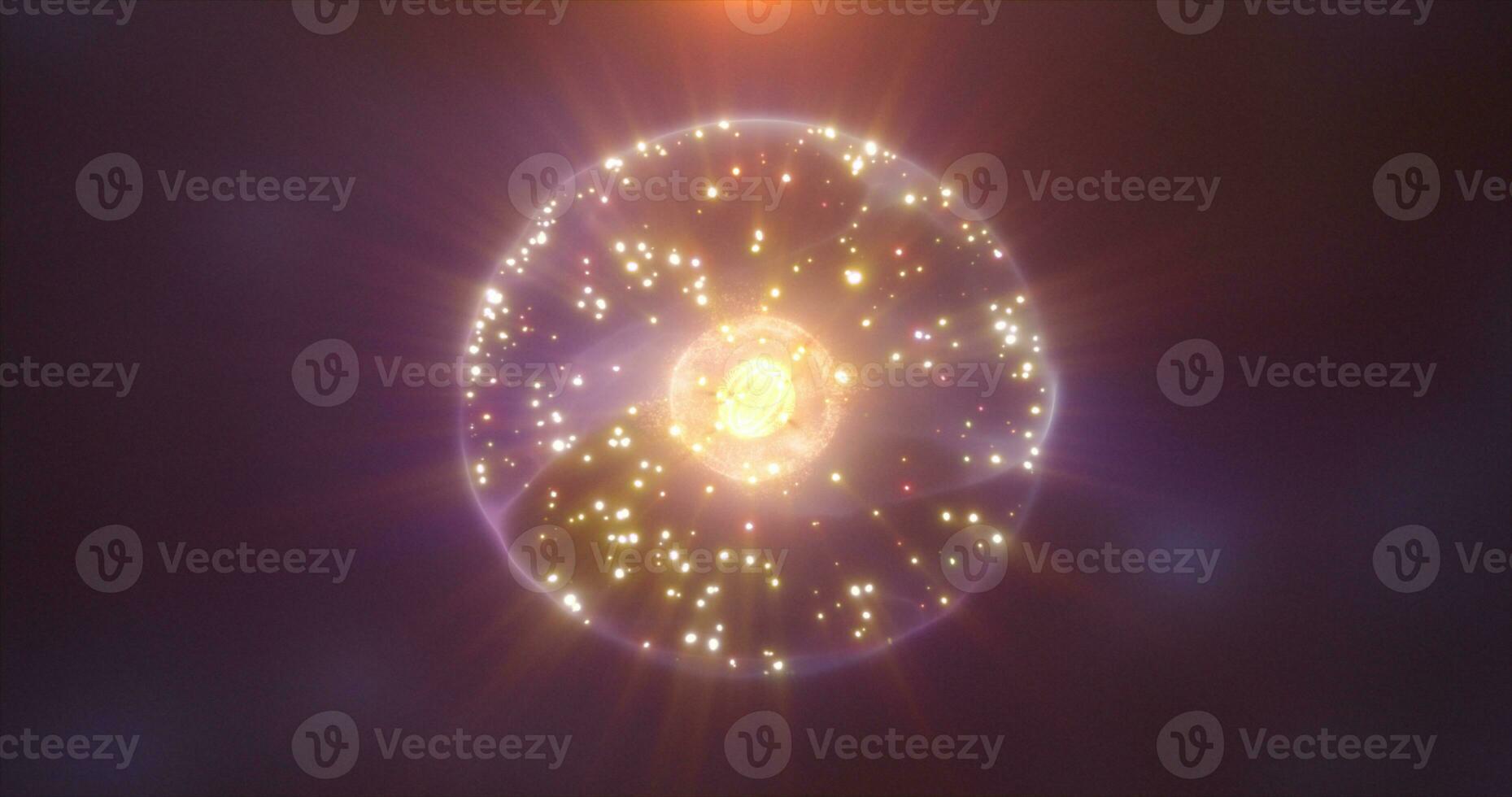 Abstract energy sphere with flying glowing yellow bright particles, science futuristic atom with electrons hi-tech background photo