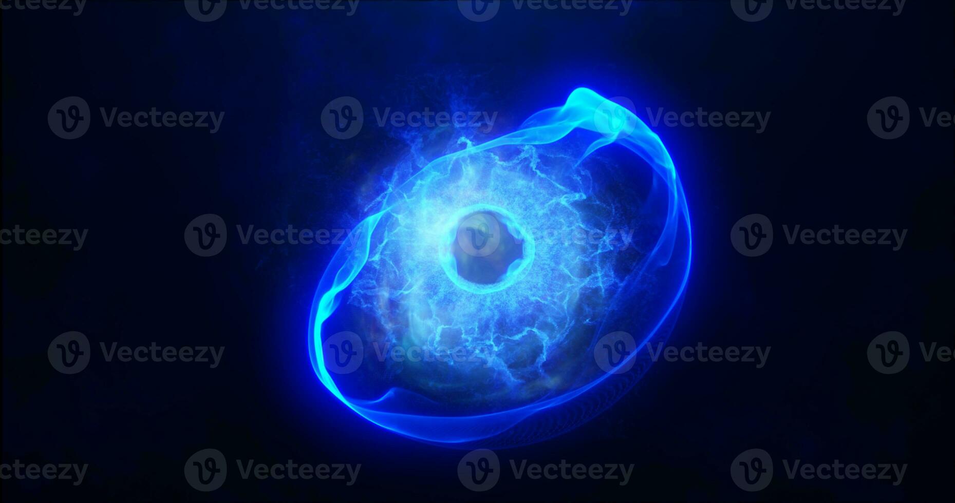 Blue energy sphere with glowing bright particles, atom with electrons and elektric magic field scientific futuristic hi-tech abstract background photo