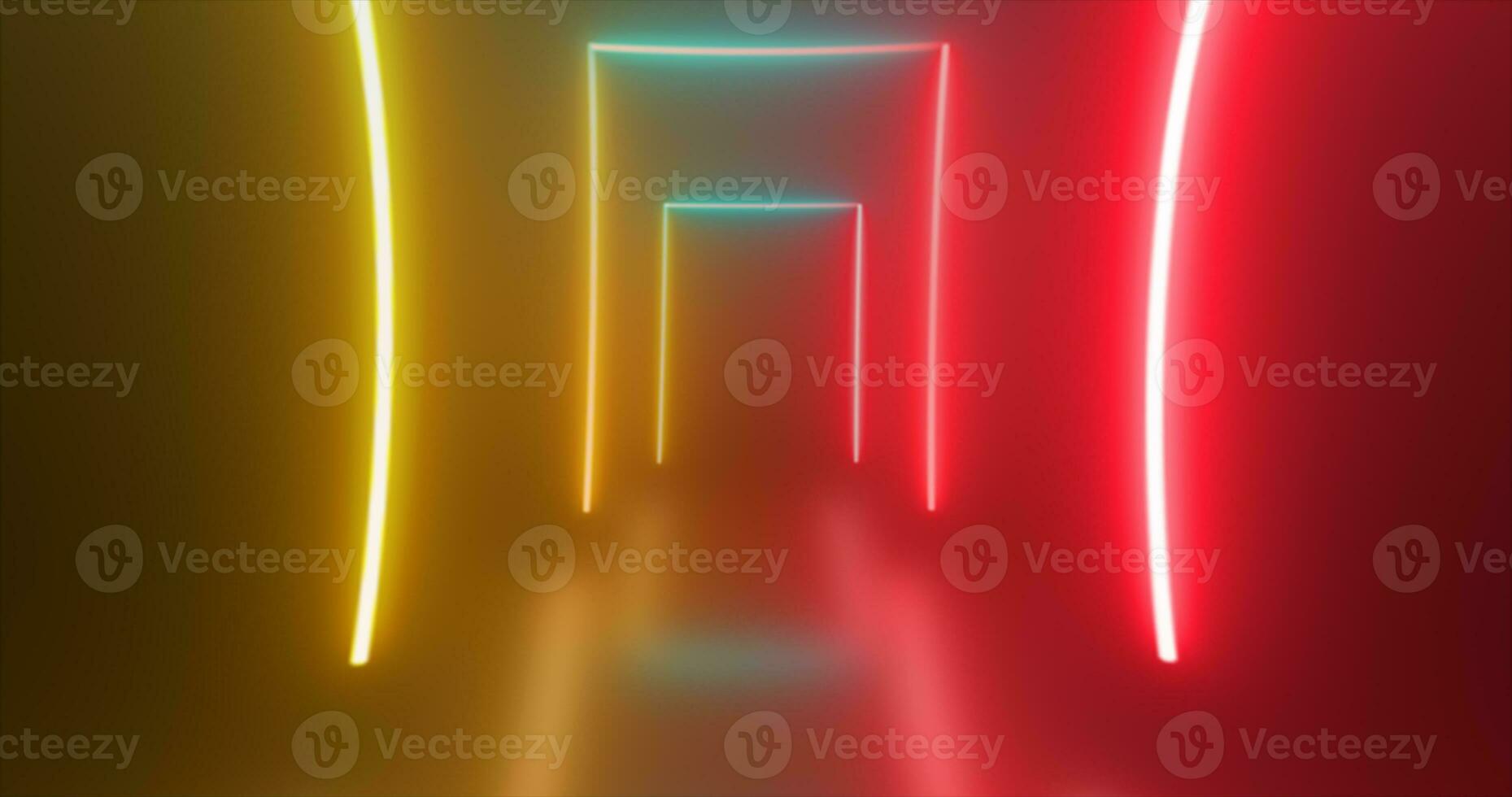 Abstract rectangle tunnel neon yellow red energy glowing from lines background photo