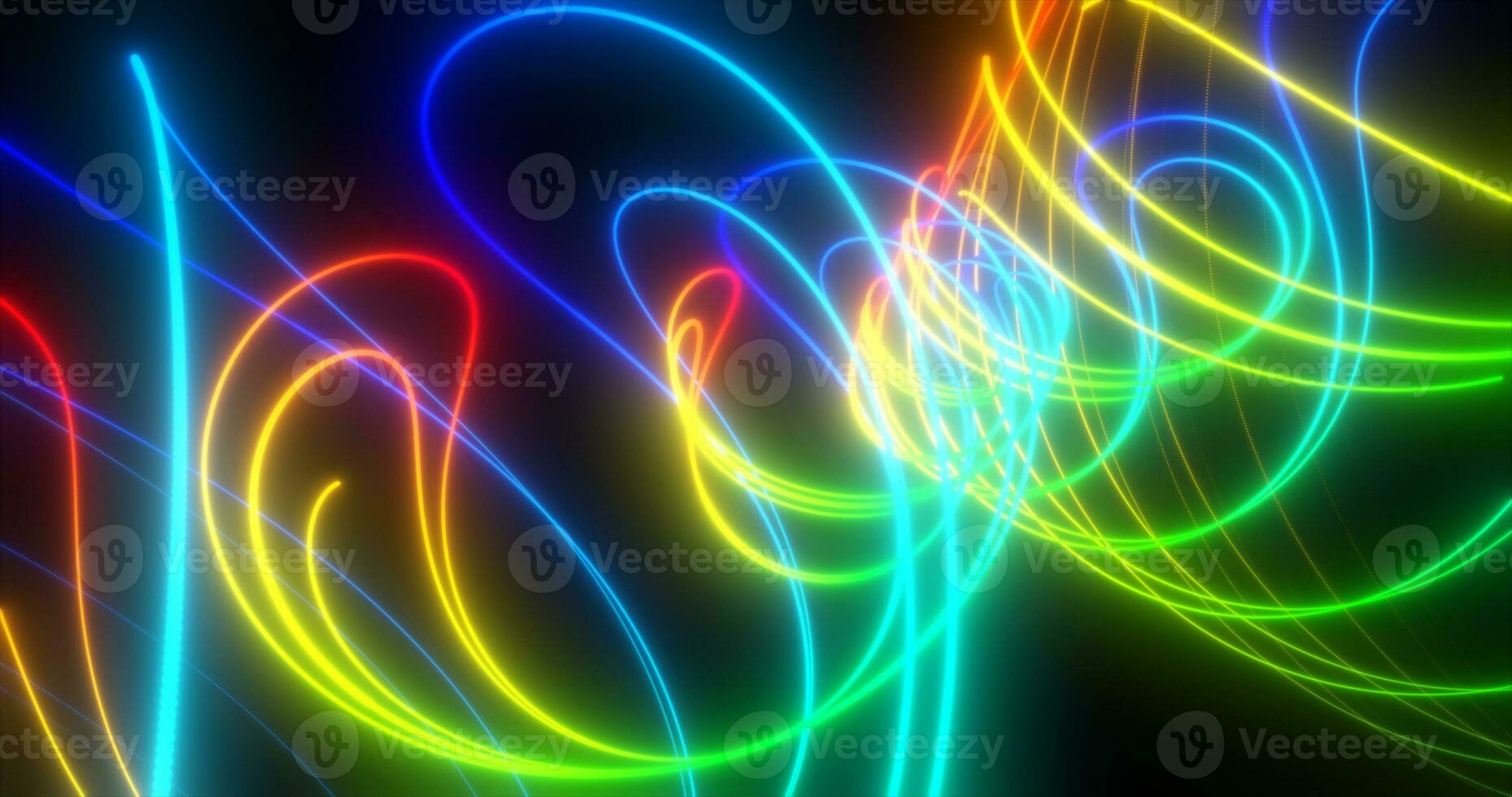 Abstract multi-colored rainbow neon energy laser lines flying on a black background photo