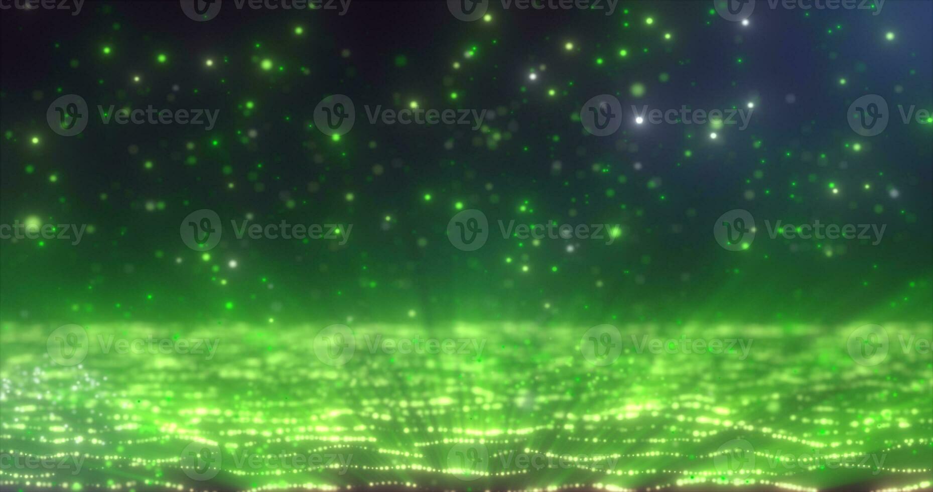 Abstract background of green glowing falling particles and moving magical energy waves photo