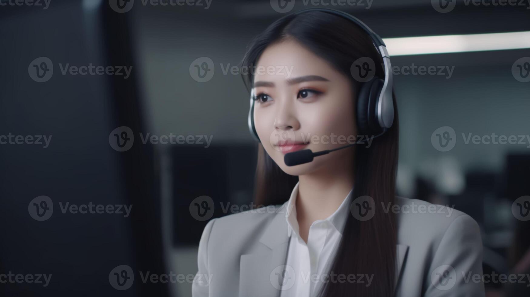 Beautiful Asian woman call center worker in the office working at the computer. The concept of customer service. AI generated photo